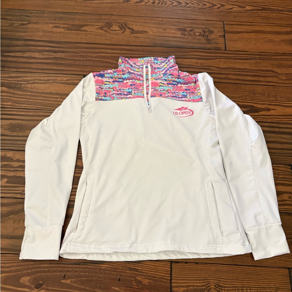 US Open Girls' White Quarter-Zip Pullover with Pink/Multicolor Yoke